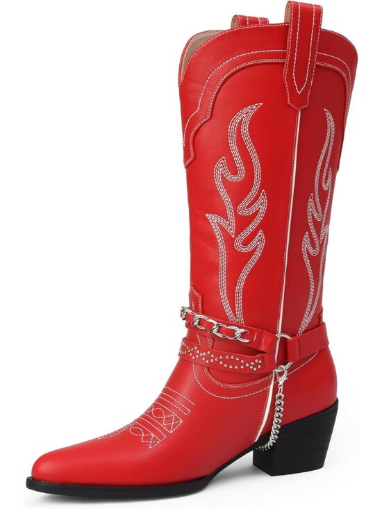 Shoes - Women's Red Western Boots with Embroidered, Pull on Style, Faux Leather